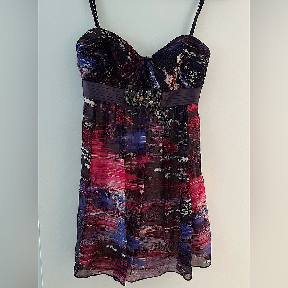 BCBG MAX AZRIA Purple Print Crystal Embellished Mini Strapless Dress XS